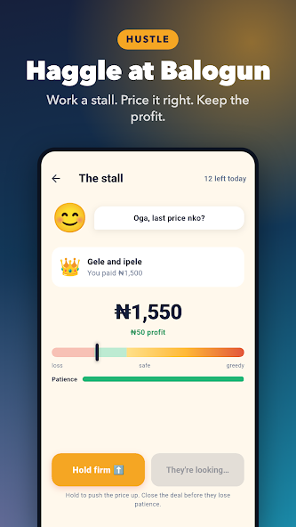 Haggling at Balogun Market — the buy-and-resell flow is a negotiation mini-game, not a fixed price