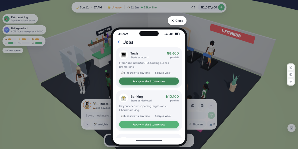 The in-game Jobs app — every career card shows entry rank, base pay per shift, weekly schedule and skill gates