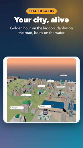 The Lagos Life city map at golden hour — bridges linking the mainland to the island, with venue pins across districts